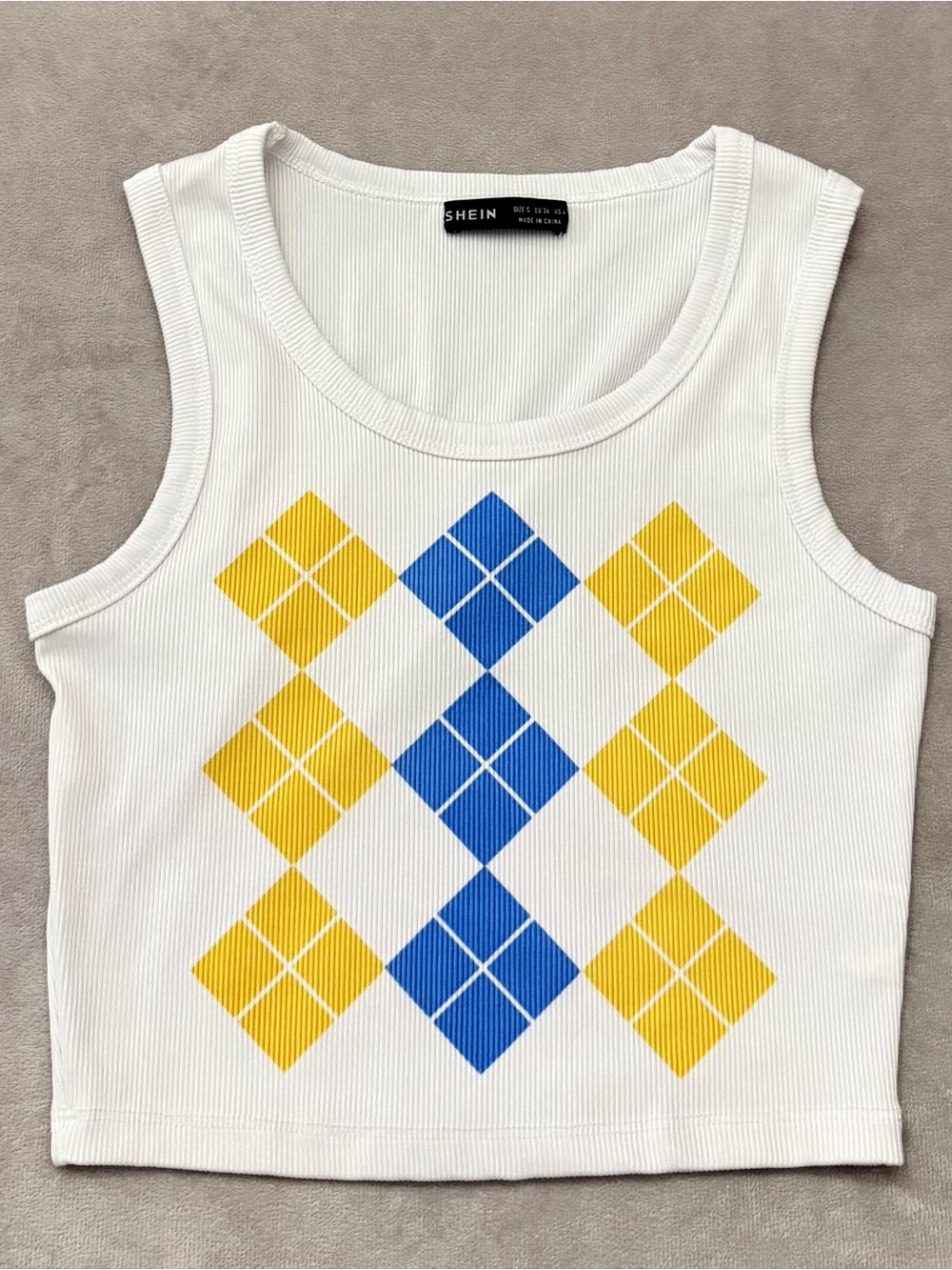 SHEIN White Ribbed Argyle Print Cropped Tank Top Size Small Women EUC